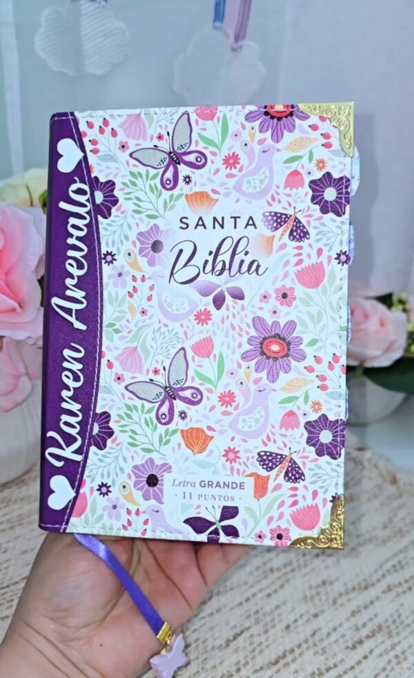 Biblia Compacta 11 puntos RV1960 imit piel con canto pintado primaveral lila oscuro