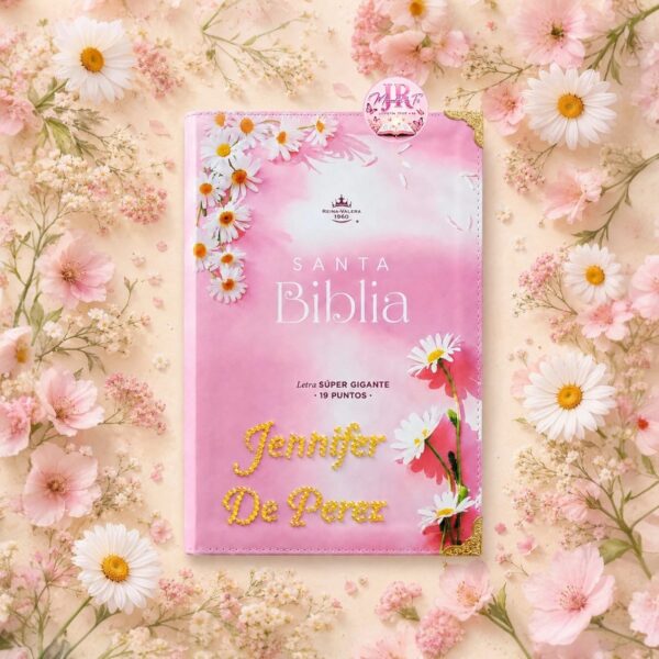 Biblia Letra Súper Gigante 19 puntos Mediana RV1960 imit piel rosa y canto con mensaje - Mujer Virtuosa