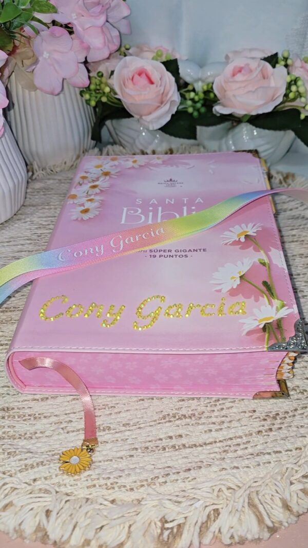 Biblia Letra Súper Gigante 19 puntos Mediana RV1960 imit piel rosa y canto con mensaje - Mujer Virtuosa