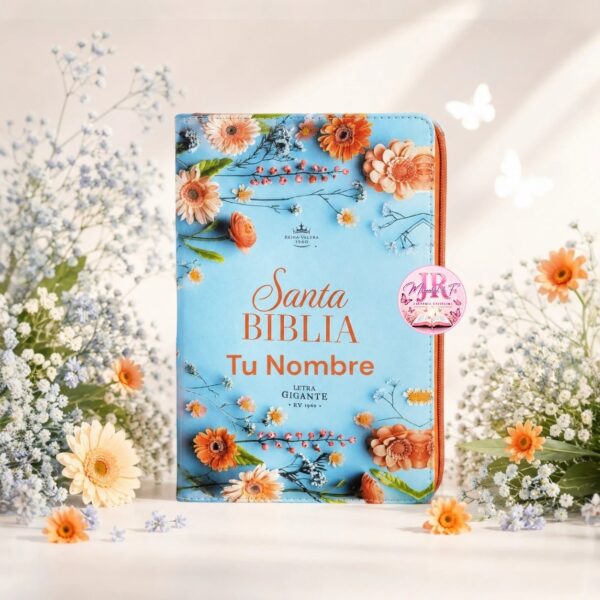 Biblia con Cierre Letra Gigante Manual 14 puntos RV1960 imit piel naranja y azul floral con índice