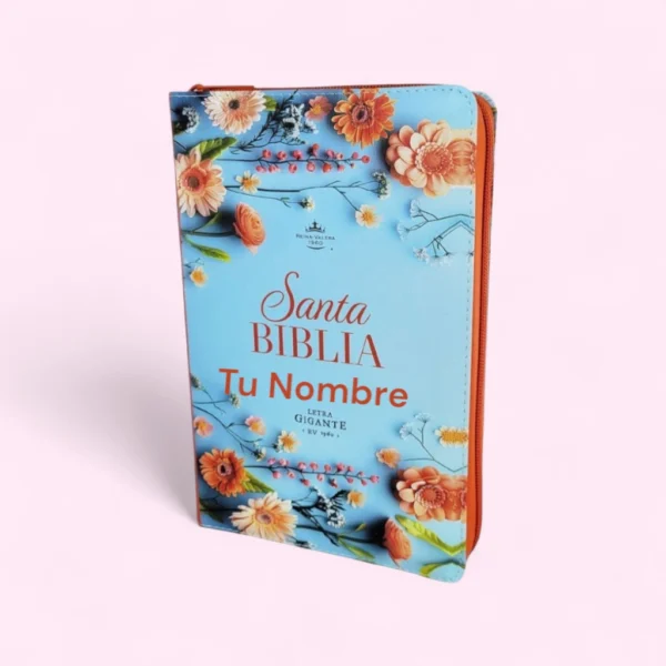 Biblia con Cierre Letra Gigante Manual 14 puntos RV1960 imit piel naranja y azul floral con índice