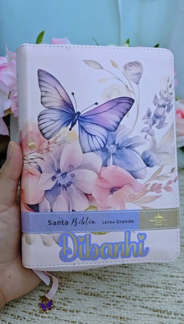 Biblia con Cierre Portátil Letra Grande 12 puntos RV1960, imit piel flores rosa con índice y canto floral