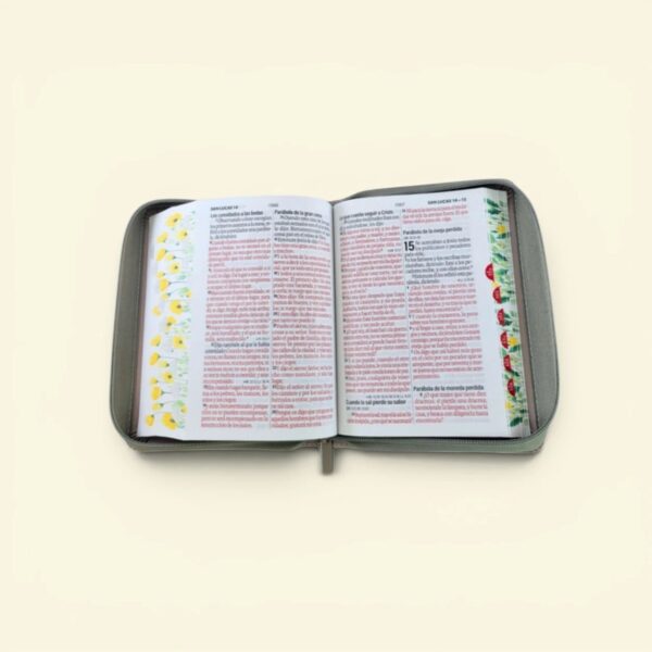 Biblia con Cierre Portátil Letra Grande 12 puntos RV1960, imit piel flores crema con índice y canto floral