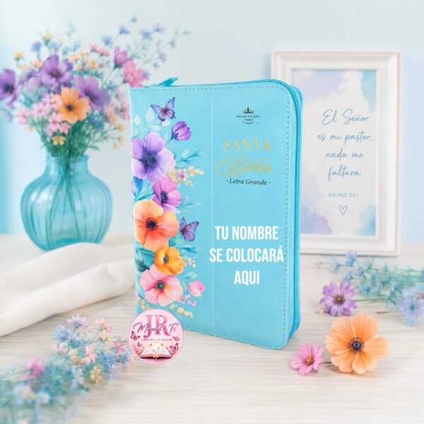 Biblia con Cierre Portátil Letra Grande 12 puntos RV1960, imit piel flores turquesa con índice y canto floral