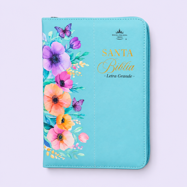 Biblia con Cierre Portátil Letra Grande 12 puntos RV1960, imit piel flores turquesa con índice y canto floral